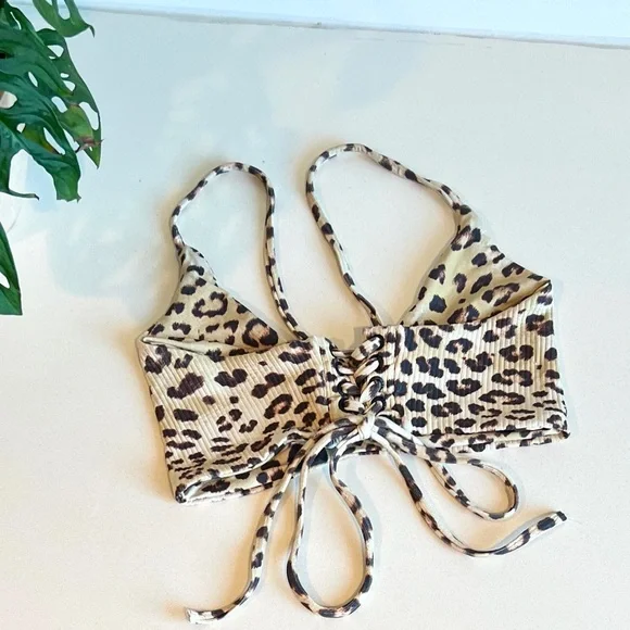 Leopard Print Ribbed Bikini Set Boys + Arrows Lace Up Top Medium / Bottom Small - Picture 3 of 8
